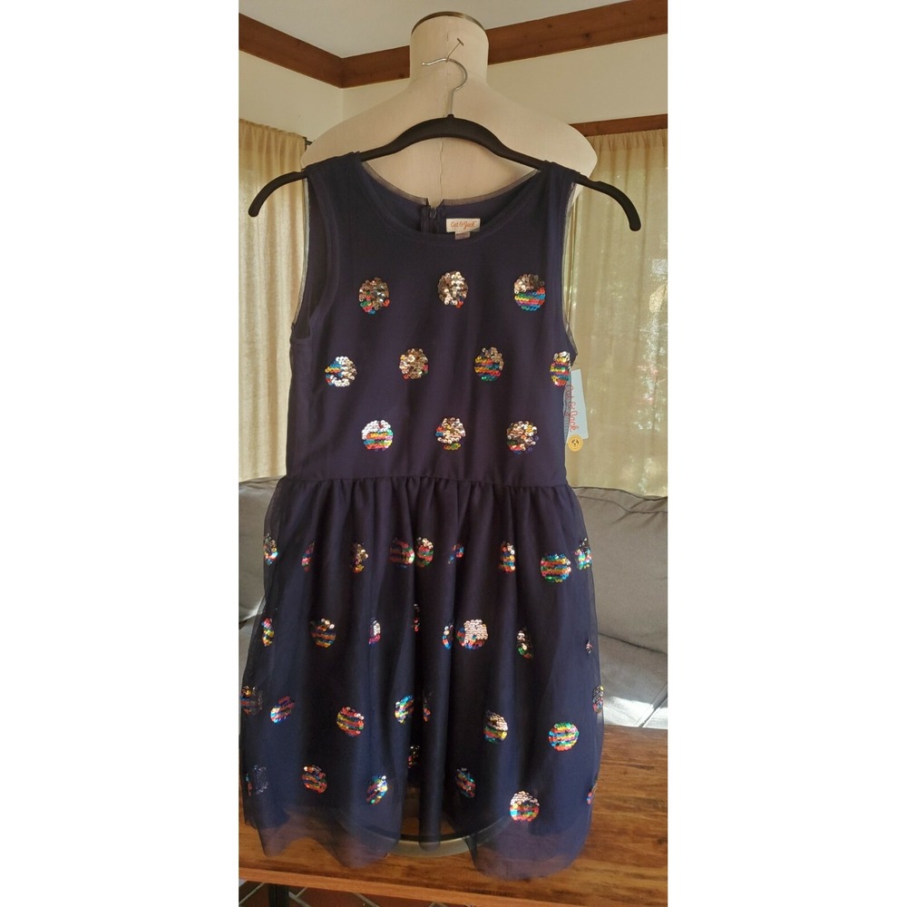 CAT & JACK Girls Navy Blue Mesh Flip Sequin Polka Dot Party Dress XL 14/16 NWT
